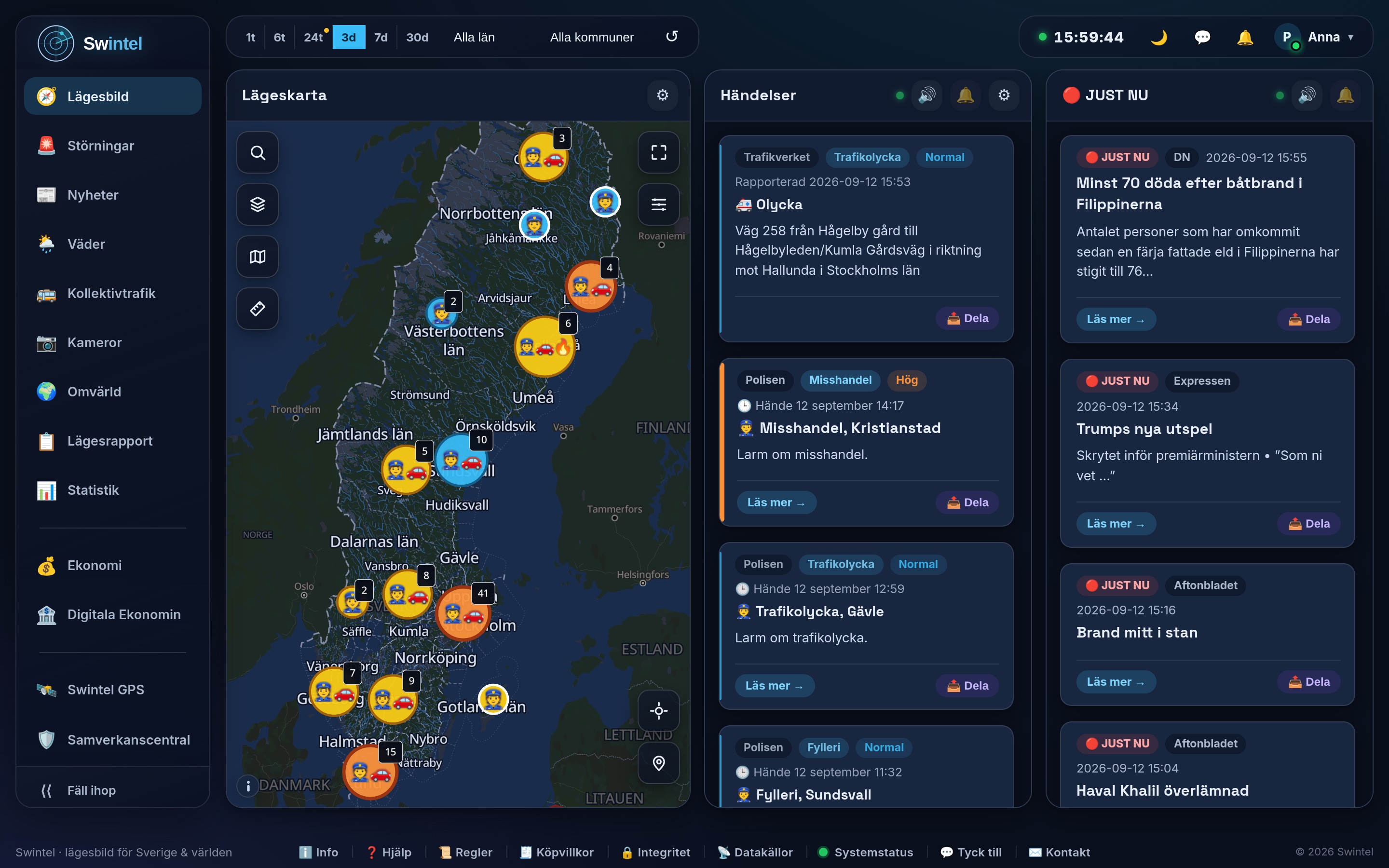 Swintels lägesbild – karta över Sverige med händelser, händelseflöde och JUST NU