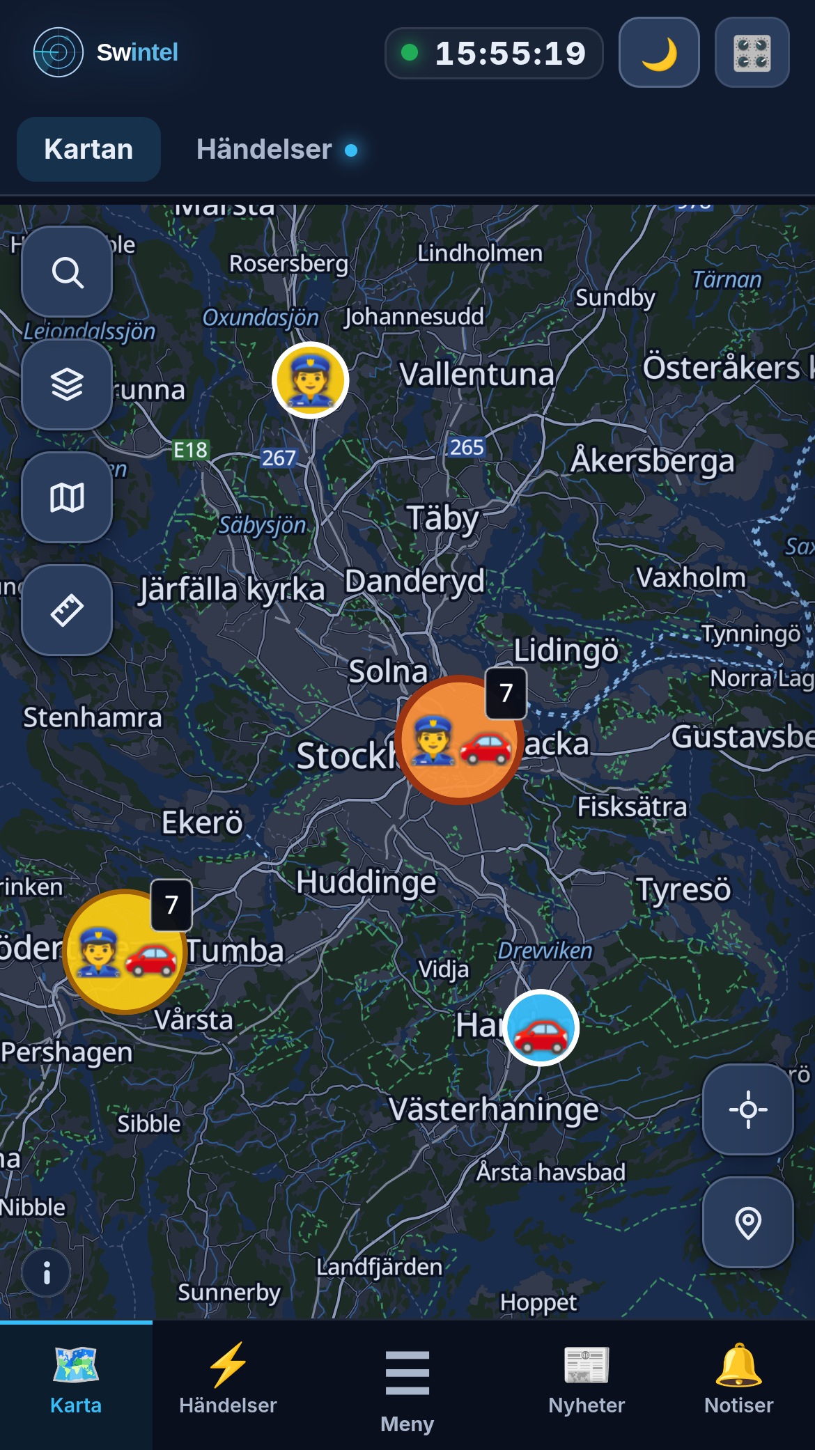 Swintels lägesbild i mobilen – händelser på kartan över Sverige