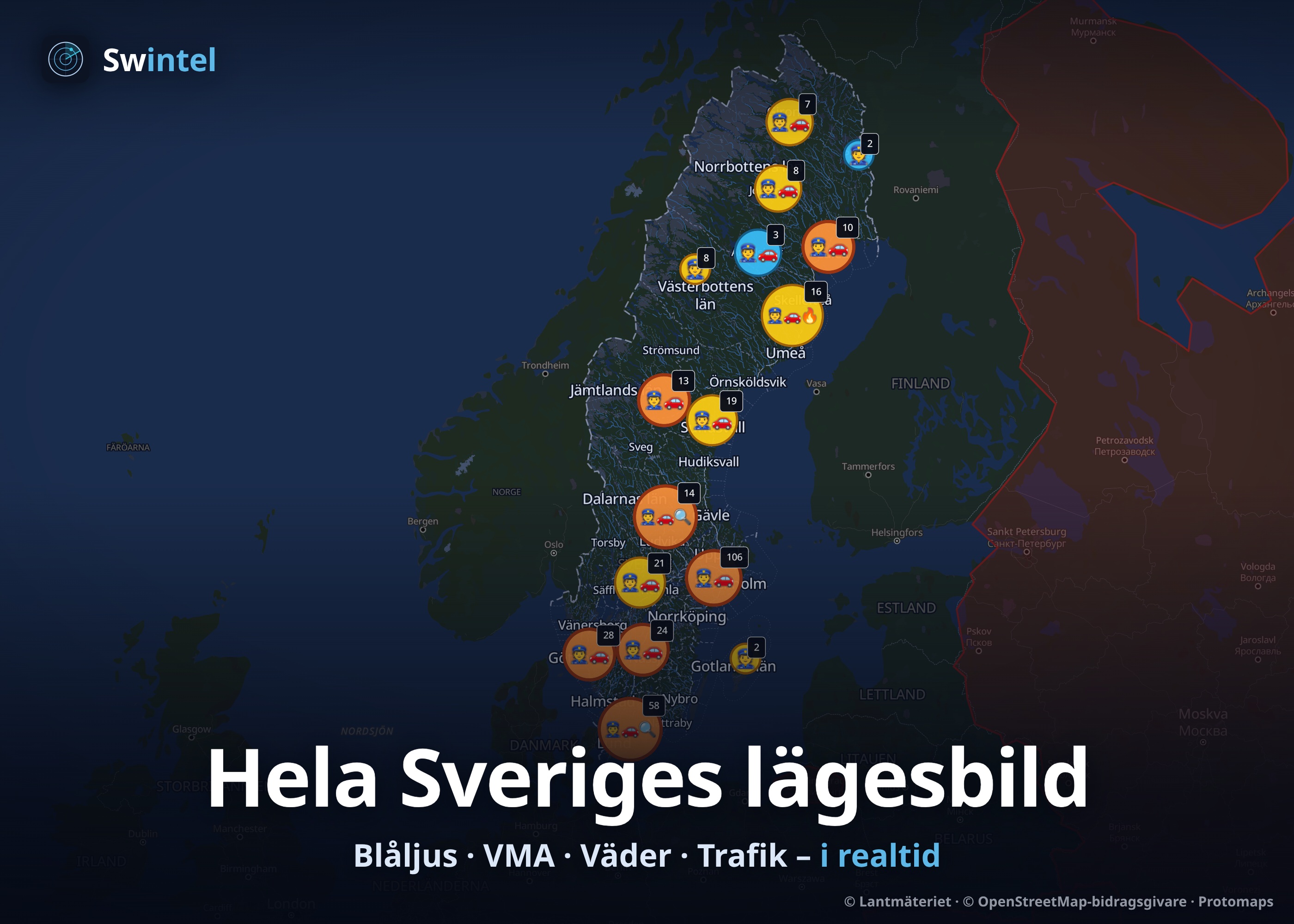 Swintels lägesbild i realtid – blåljushändelser, bränder och trafik på en karta över hela Sverige