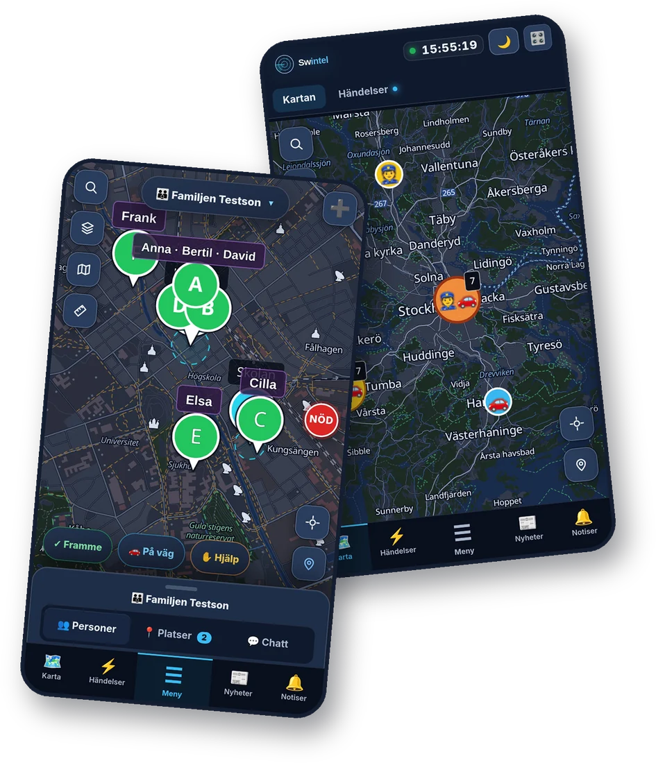 Swintel-appen i två telefoner: familjen på kartan i Swintel GPS och lägesbilden med händelser runt Stockholm