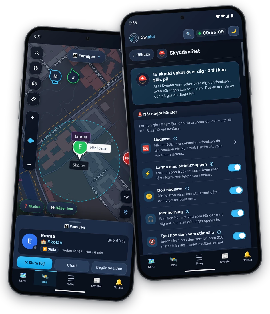 Två telefoner med Swintel GPS: på familjens karta har Emma varit vid Skolan i sex minuter, och Skyddsnätet visar nödlarmet, strömknappen, dolt nödlarm, medhörningen och tyst hos dem som står nära